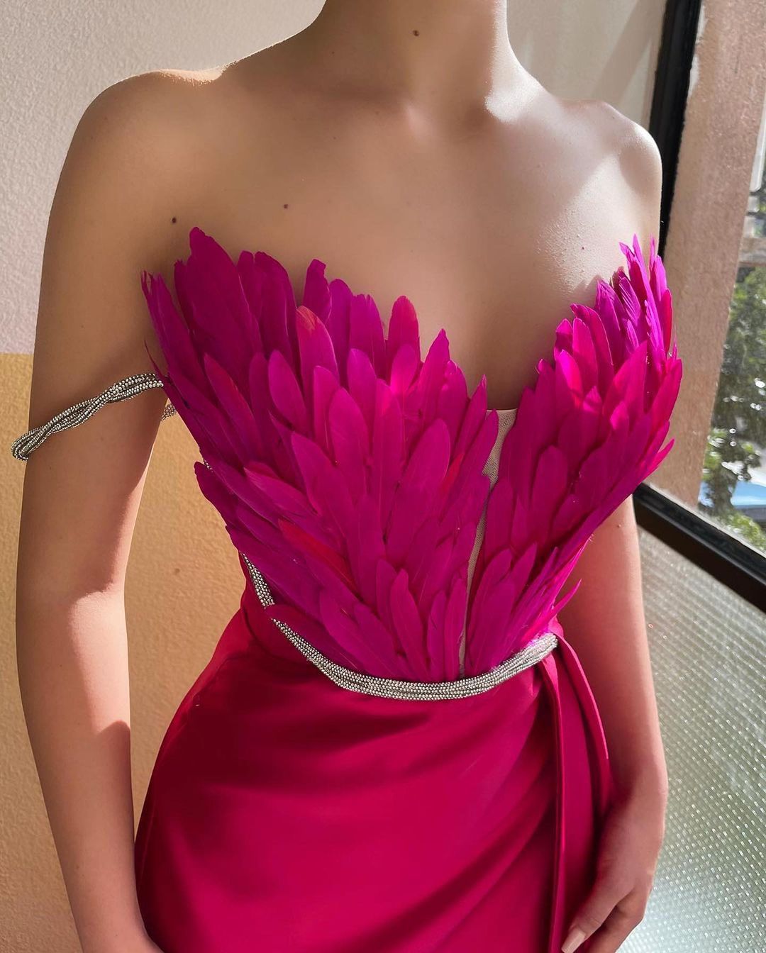 Off Shoulder Feather Long Dress w/ Split.