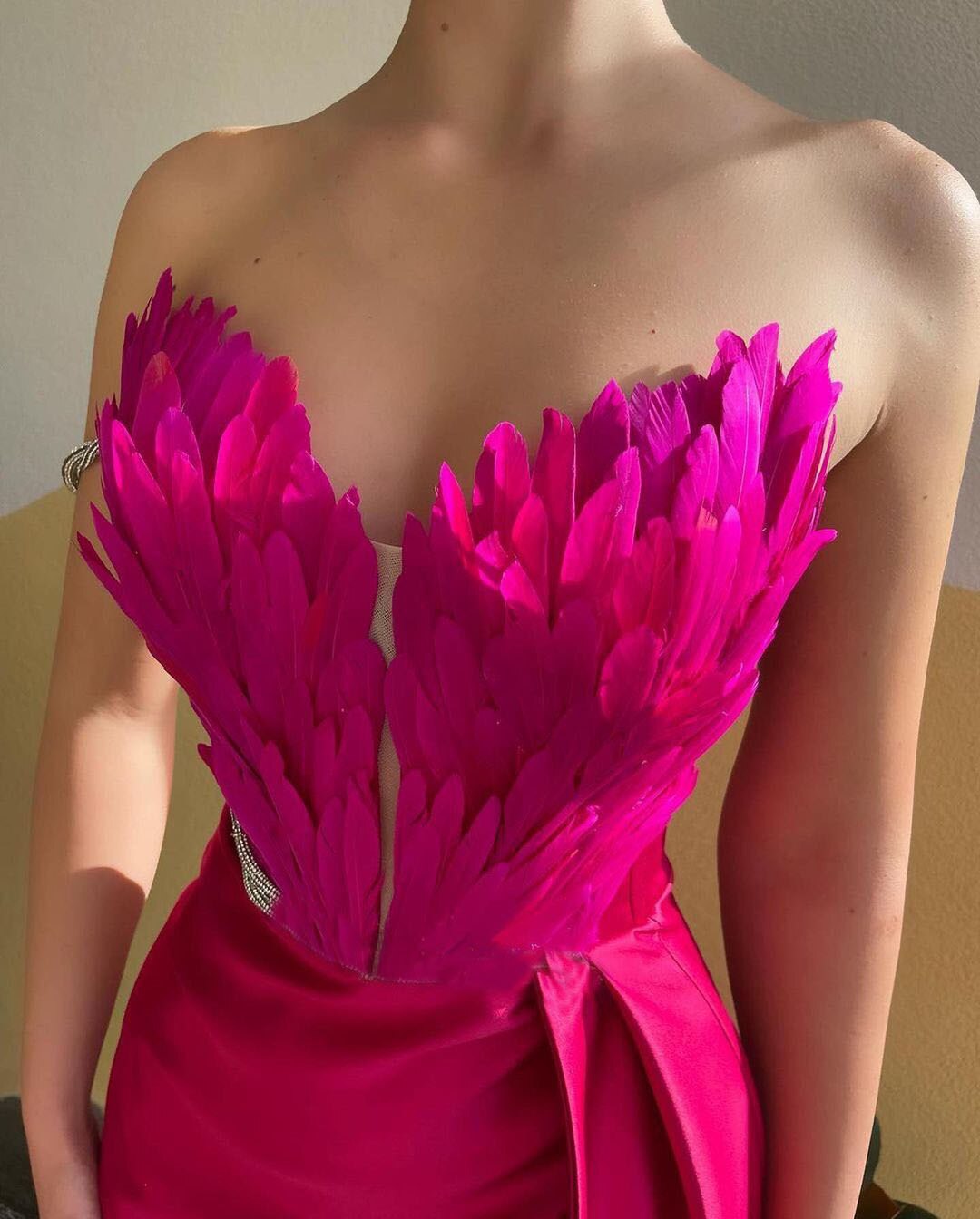 Off Shoulder Feather Long Dress w/ Split.