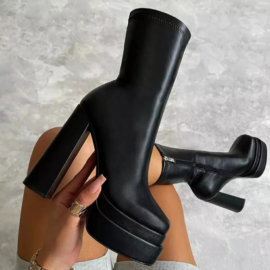 Mid-Calf Double Platform High Heels