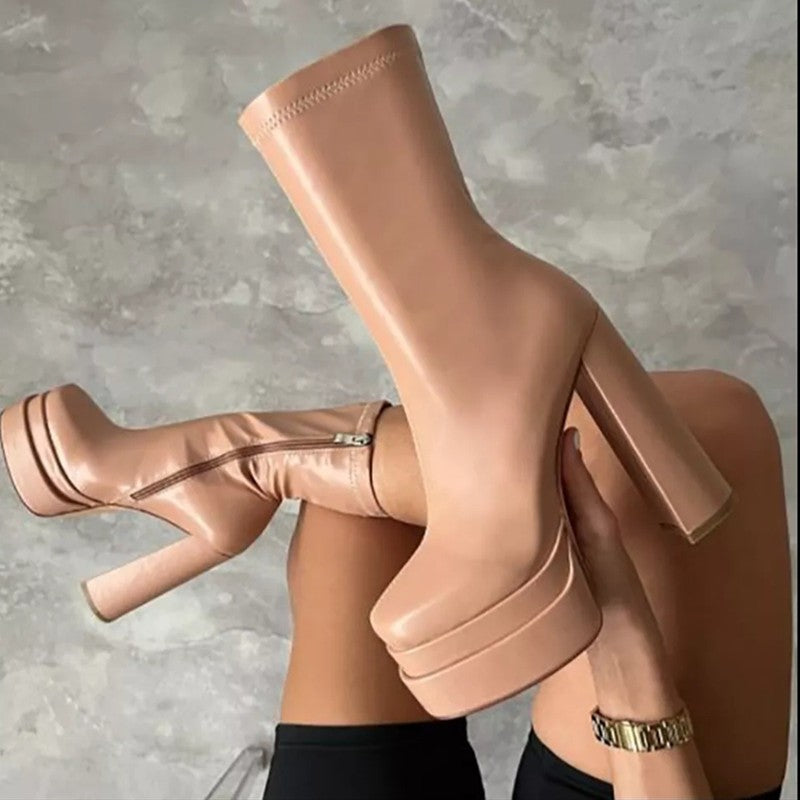 Mid-Calf Double Platform High Heels