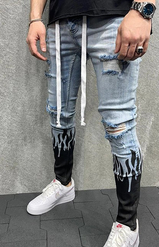 Men's Fashion Mid Waist Ripped Slim Jeans