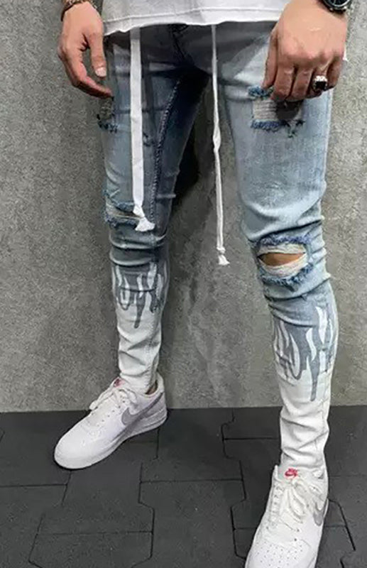 Men's Fashion Mid Waist Ripped Slim Jeans