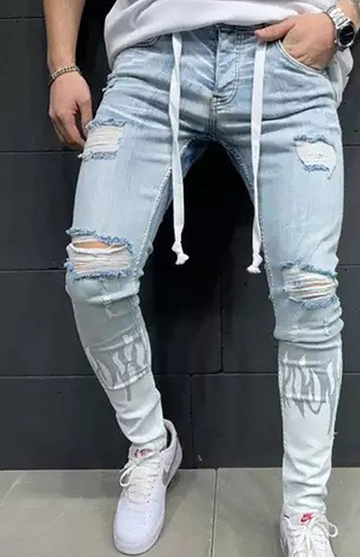Men's Fashion Mid Waist Ripped Slim Jeans