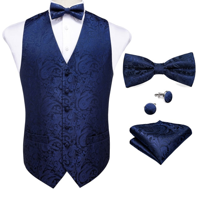 Silk Green Paisley Vest & Tie Brooch Pocket Square Set
