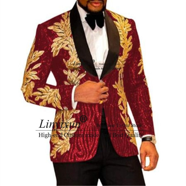 Slim Fit masculino Shiny Sequins Gold Suit