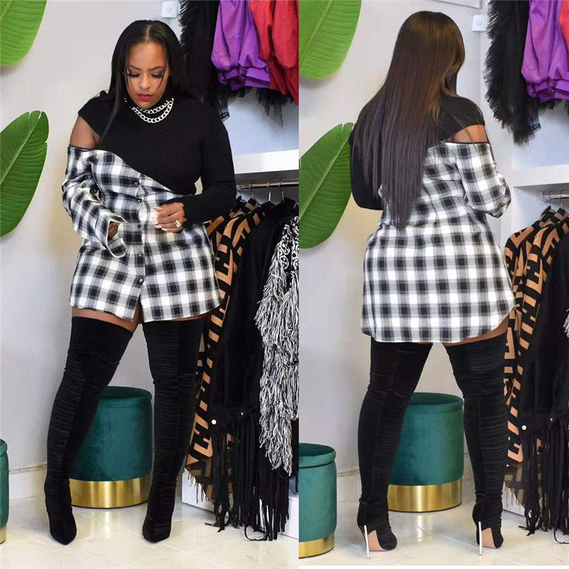 Zipper Patchwork Plaid Mini Dress