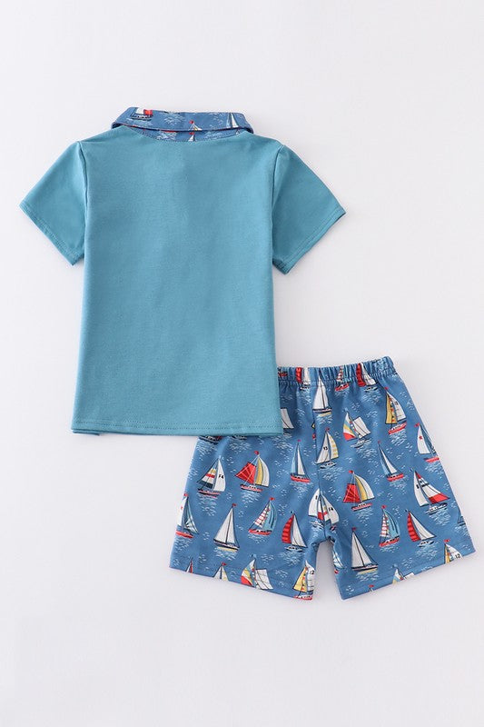 Navy sailboat print pocket boy set