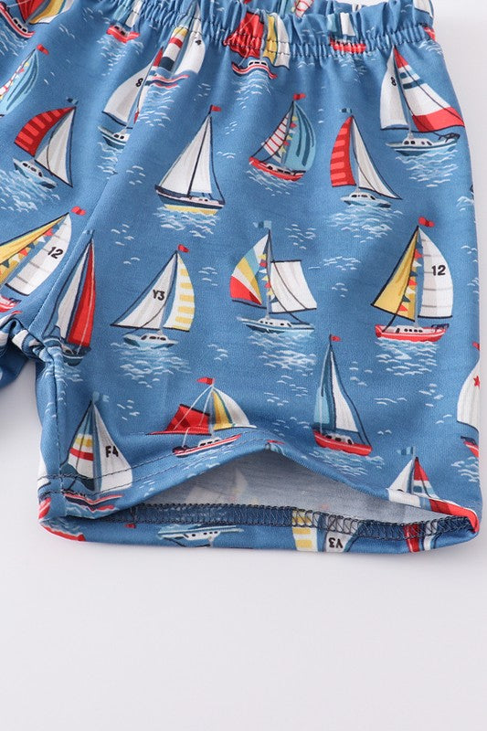 Navy sailboat print pocket boy set