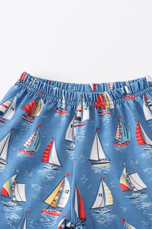 Navy sailboat print pocket boy set