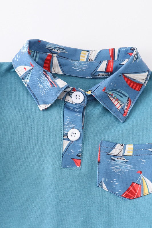 Navy sailboat print pocket boy set