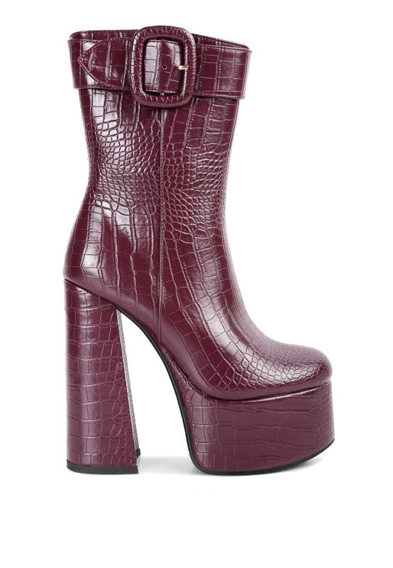 Bumpy Croc High Block Heeled Chunky Ankle Boots