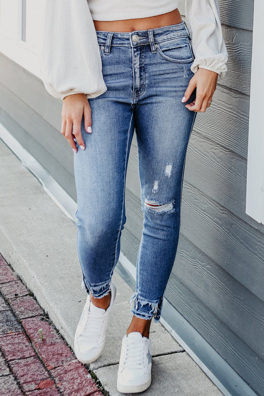 Light Blue Distressed Frayed Ankle Skinny Jeans