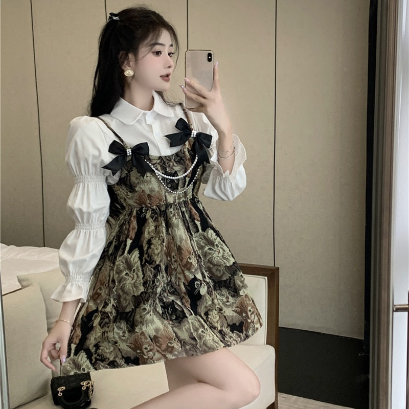 Suspender Pommel Dress Long-sleeved Shirt