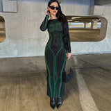 Green Matrix Long Sleeve Dress