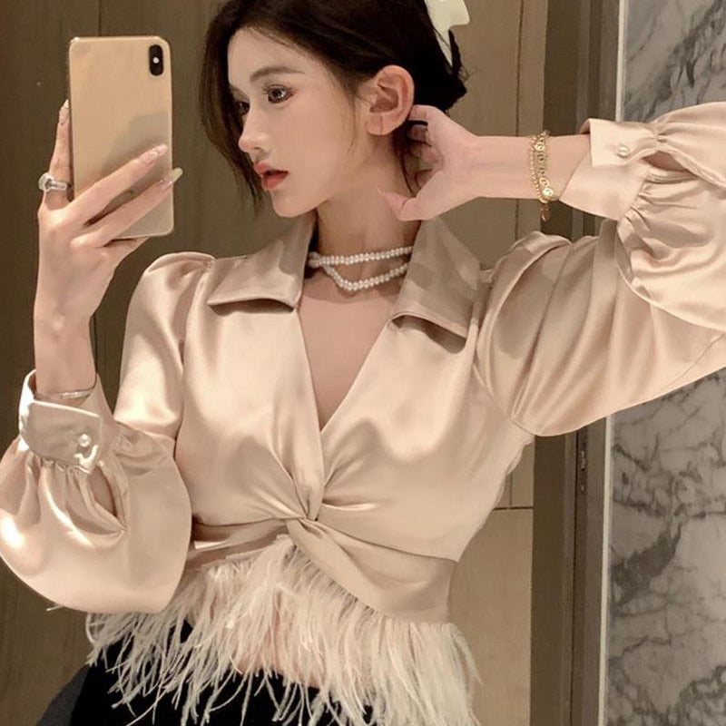 Women's Elegant Satin Tassel Feather Crop Top