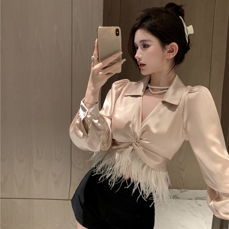 Women's Elegant Satin Tassel Feather Crop Top