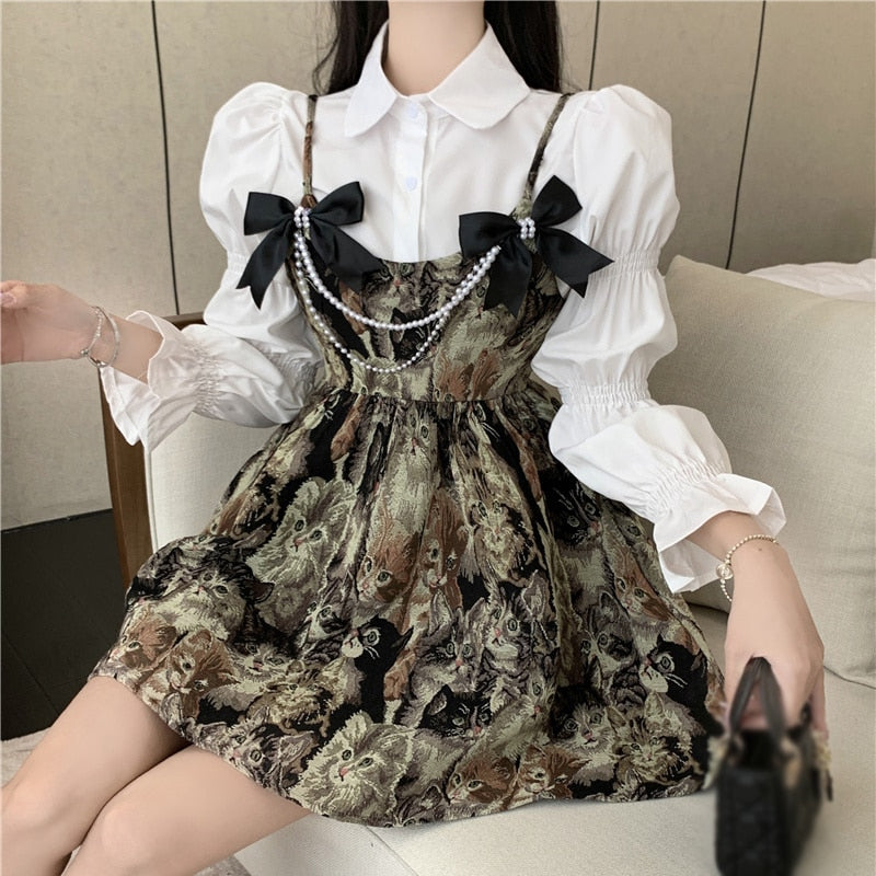 Suspender Pommel Dress Long-sleeved Shirt