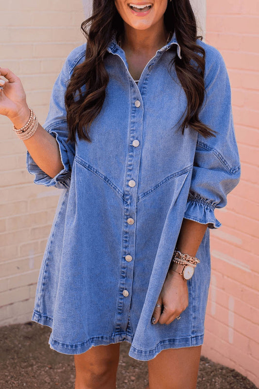 Sky Blue Buttoned Long Sleeve Denim Mini Dress