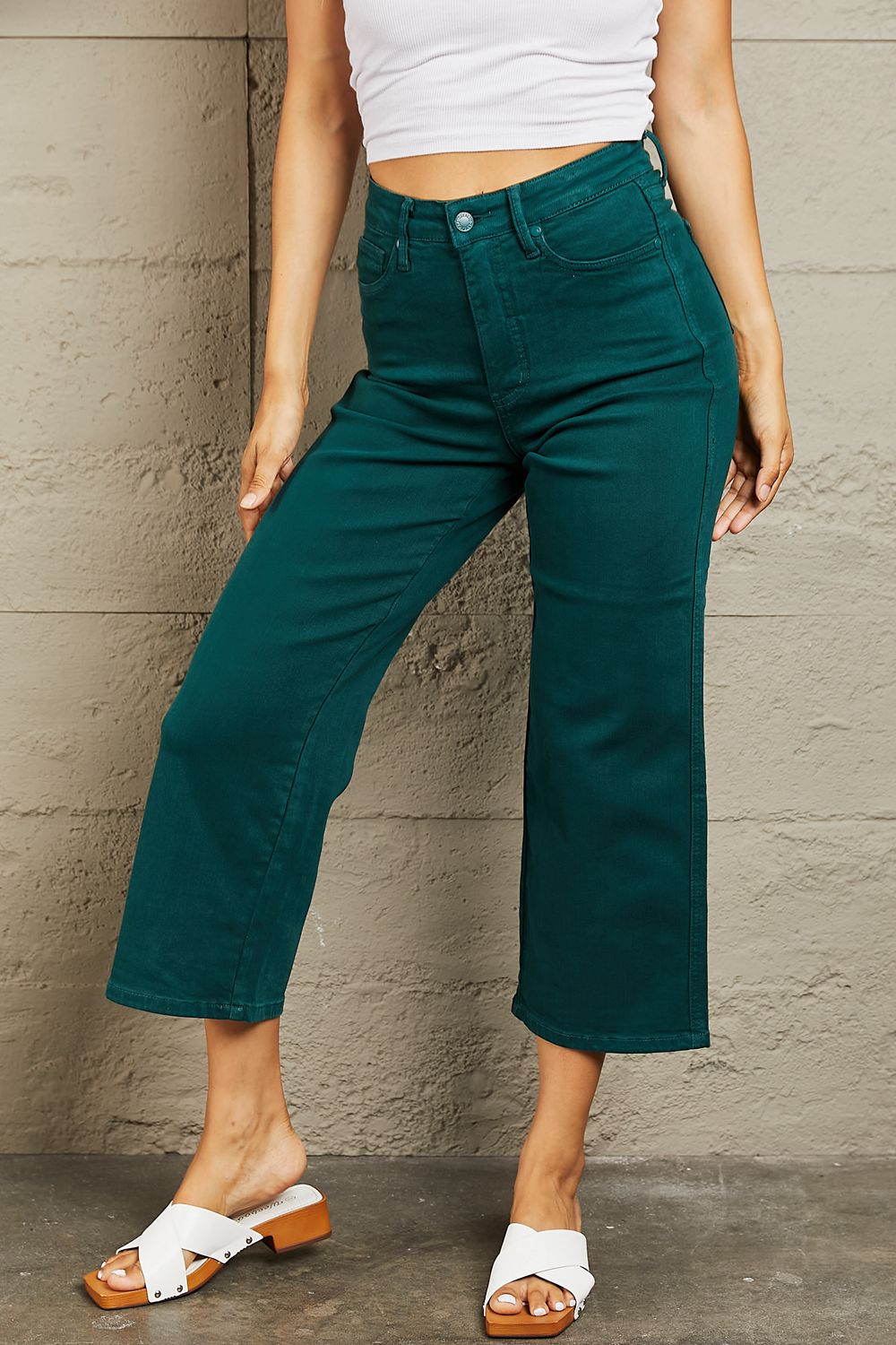 Full Size Tummy Control High Waisted Cropped Wide Leg Jeans