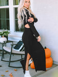 Cutout Round Neck Long Sleeve Slit Maxi Dress