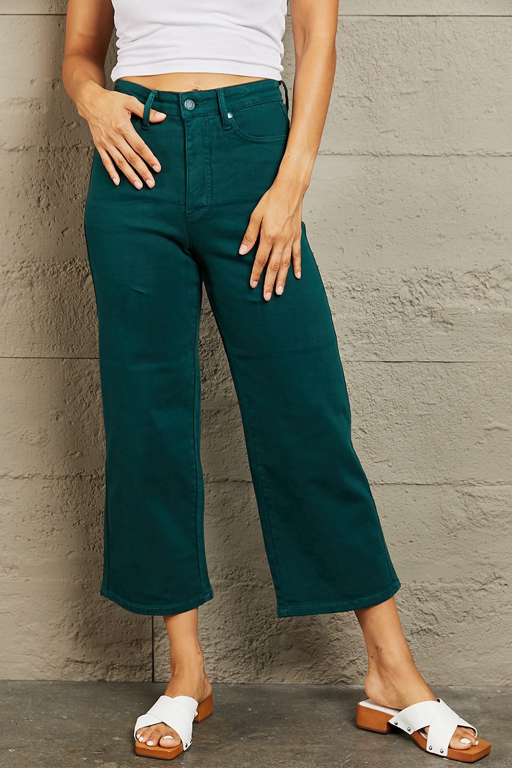 Full Size Tummy Control High Waisted Cropped Wide Leg Jeans