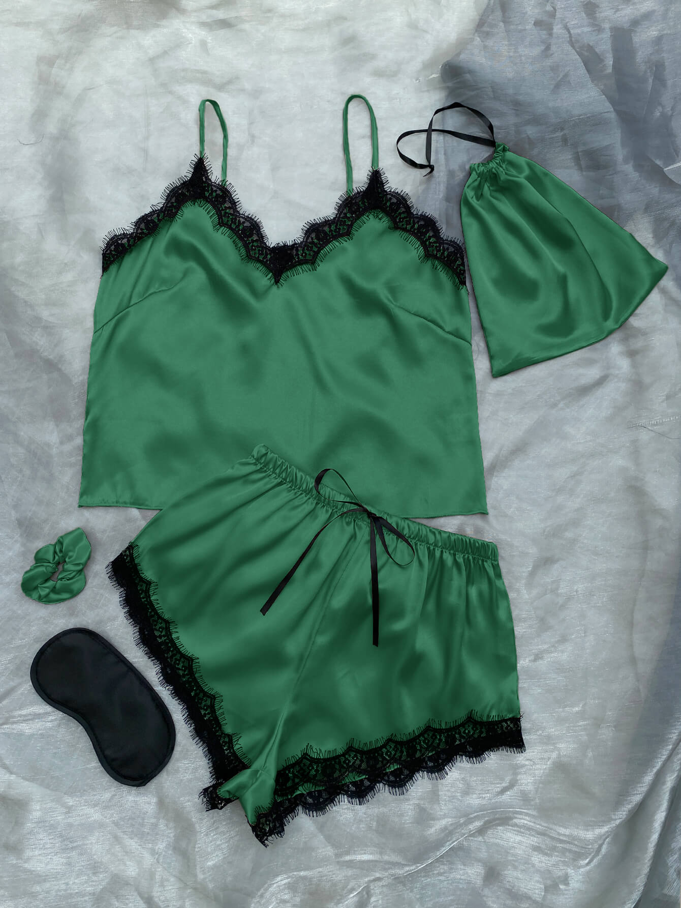 Lace Trim Cami, Shorts, Eye Mask, Scrunchie, and Bag Pajama Set