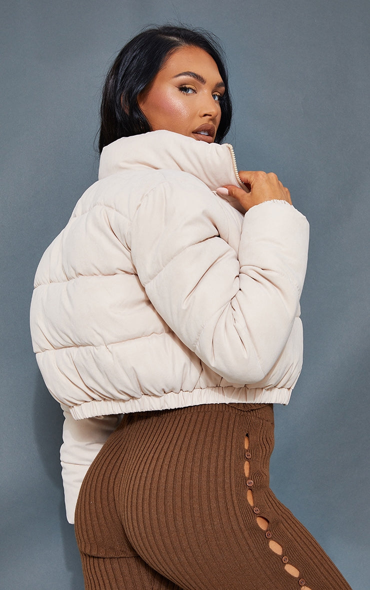 Black Peach Skin Cropped Bubble Puffer Jacket