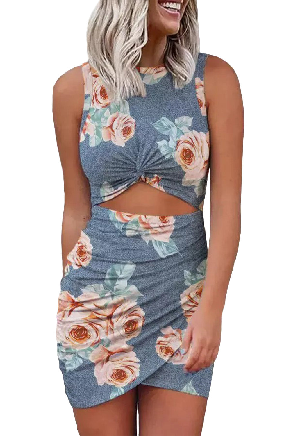 Multicolor Print Hollow Out Twist Bodycon Mini Dress