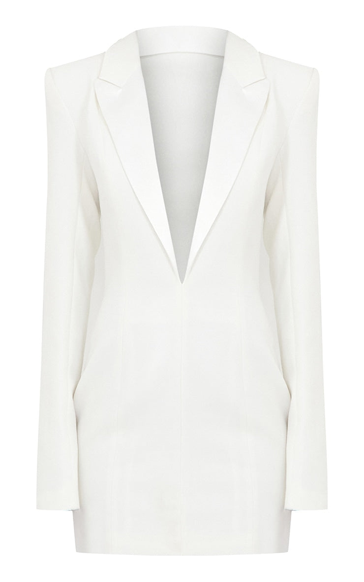 White Tailored Satin Lapel Blazer Dress