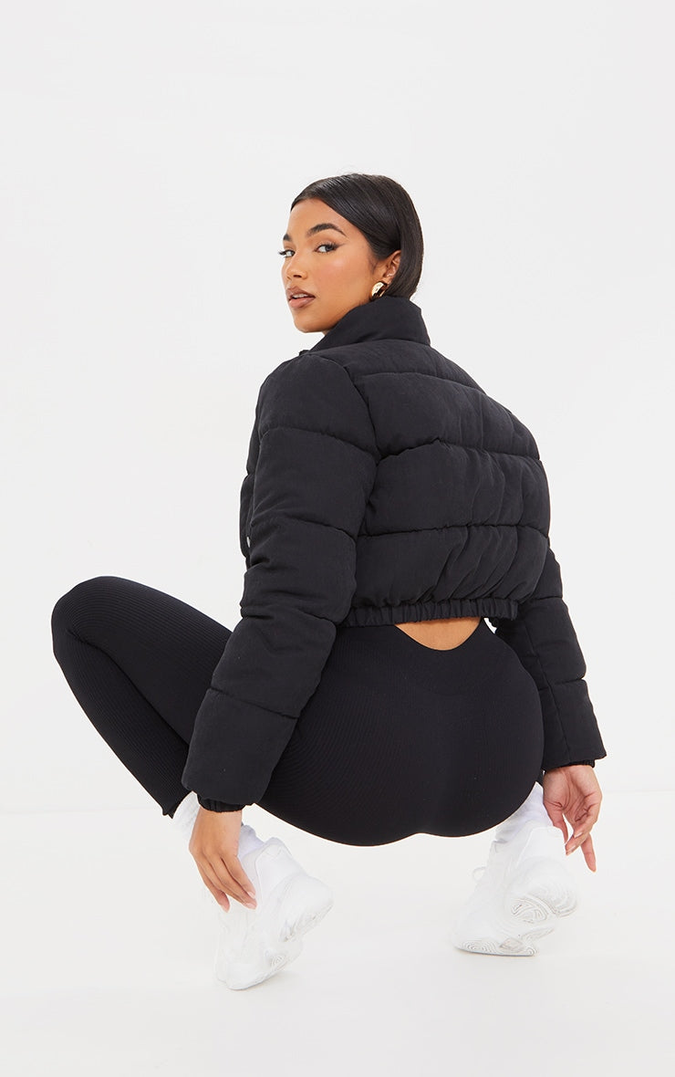 Black Peach Skin Cropped Bubble Puffer Jacket