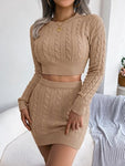 Cable-Knit Round Neck Top and Skirt Sweater Set