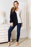 Woven Right Contrast Button-Front V-Neck Cardigan