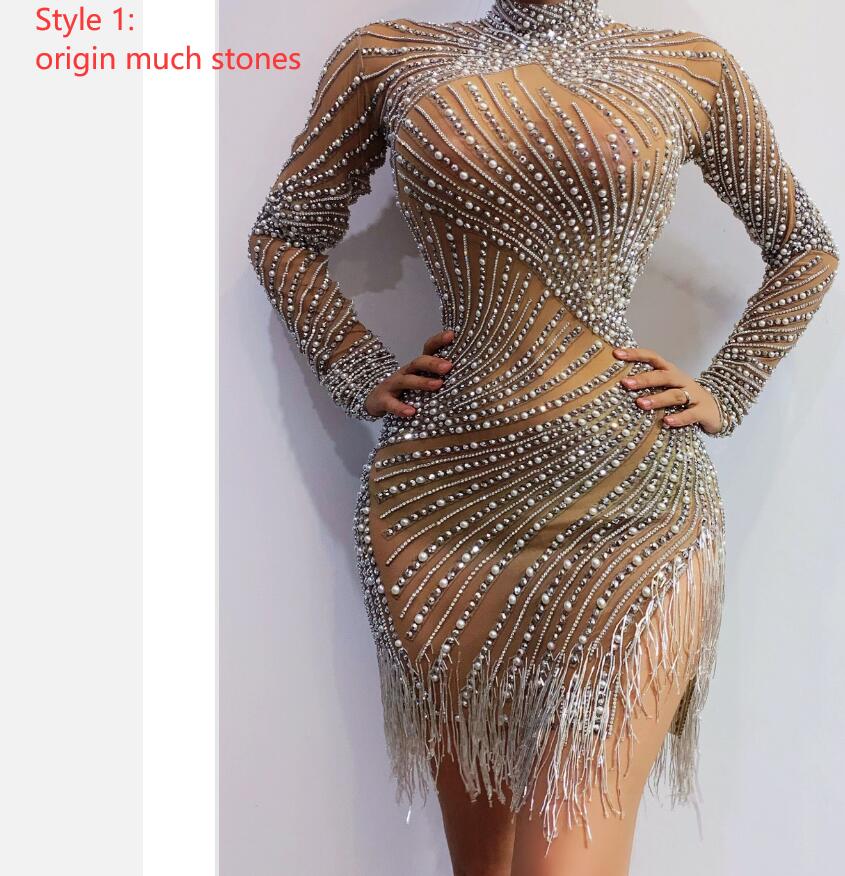 Silver Rhinestones Pearls Fringe Transparent Dress