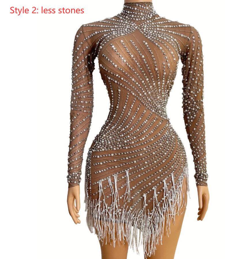 Silver Rhinestones Pearls Fringe Transparent Dress