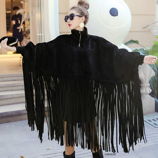 Black  Loose Tassels Turtleneck Poncho