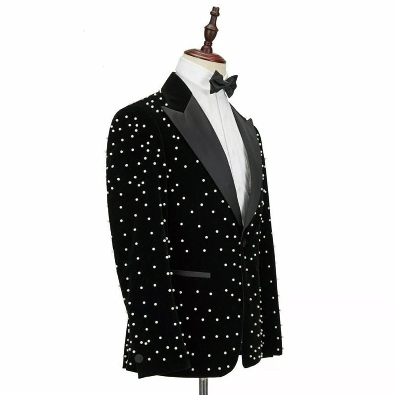 Beading Men Suits Slim Fit Black Velvet Wedding Tuxedo