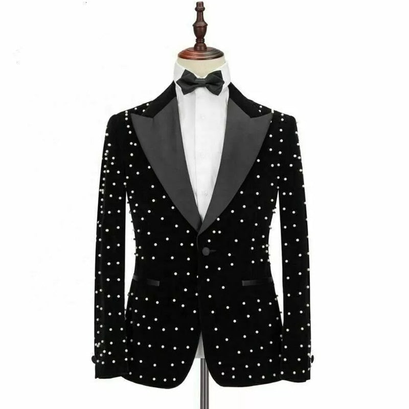 Beading Men Suits Slim Fit Black Velvet Wedding Tuxedo