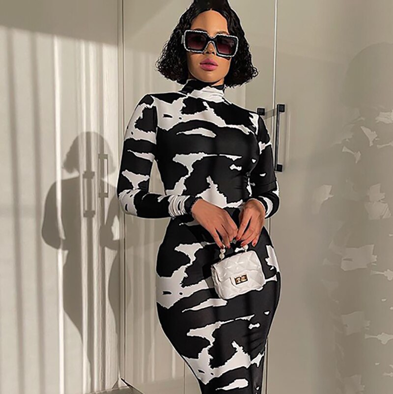 Long Sleeve Printed Bodycon Pencil  Dress