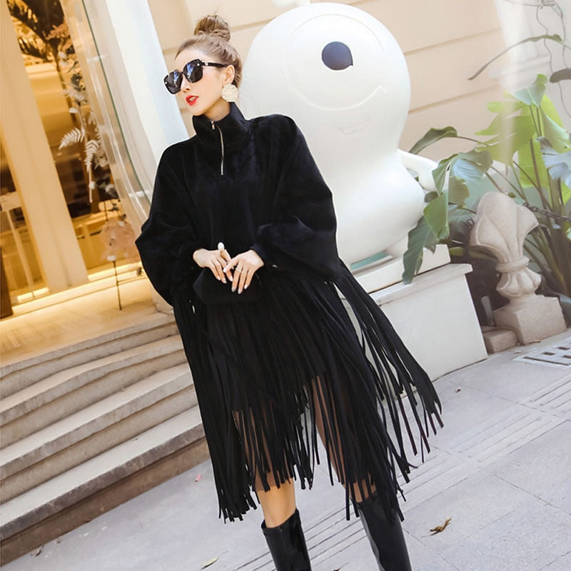 Black  Loose Tassels Turtleneck Poncho