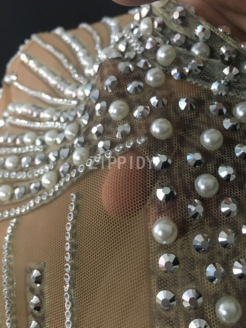 Silver Rhinestones Pearls Fringe Transparent Dress