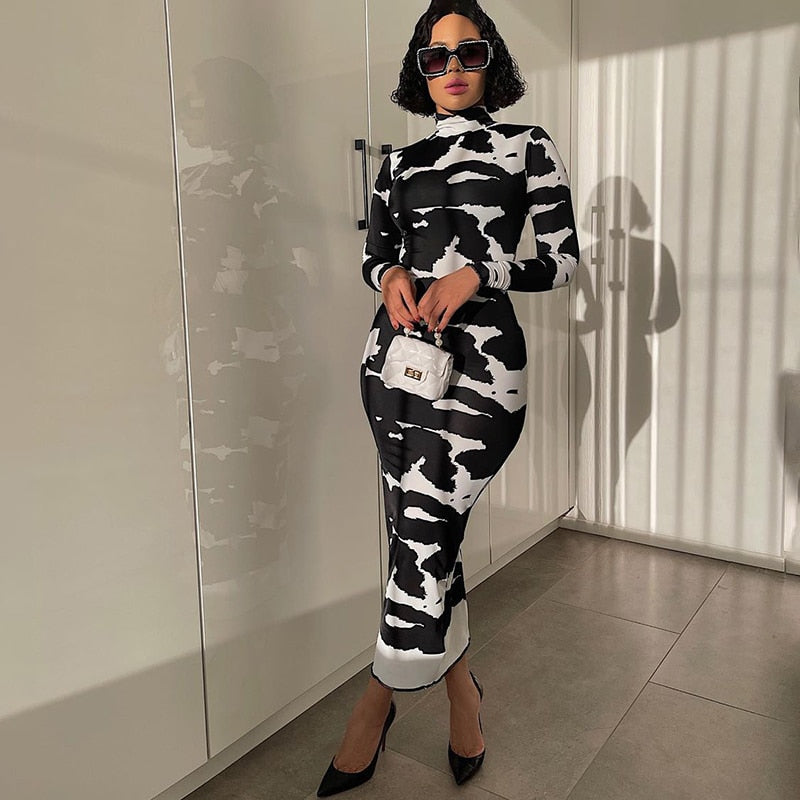 Long Sleeve Printed Bodycon Pencil  Dress