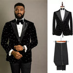 Beading Men Suits Slim Fit Black Velvet Wedding Tuxedo