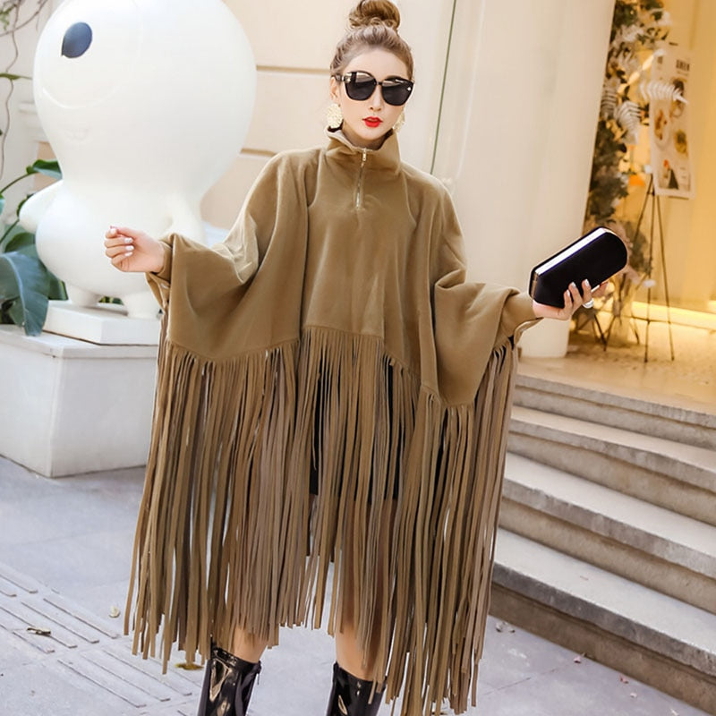 Black  Loose Tassels Turtleneck Poncho