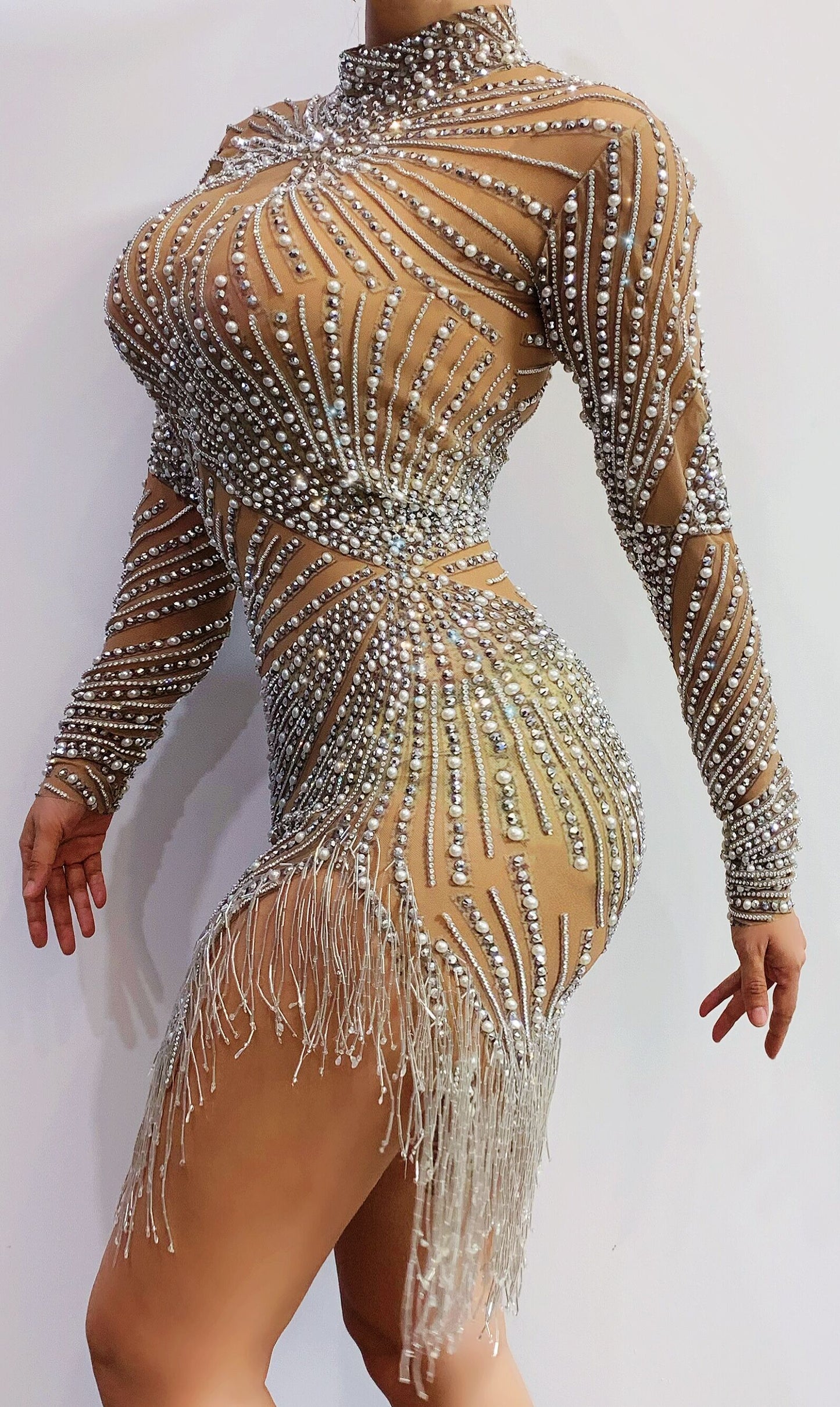 Silver Rhinestones Pearls Fringe Transparent Dress