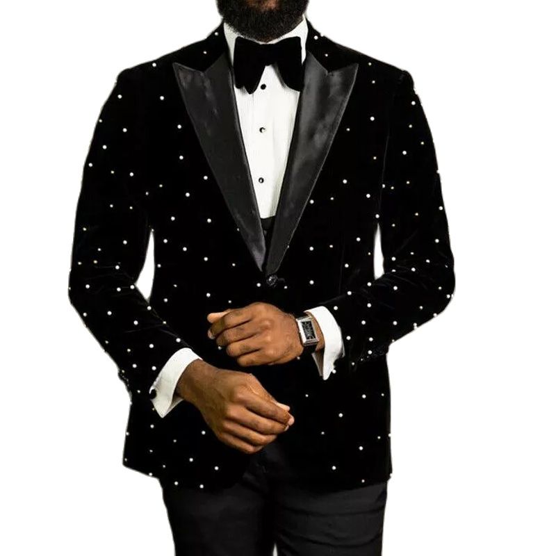 Beading Men Suits Slim Fit Black Velvet Wedding Tuxedo