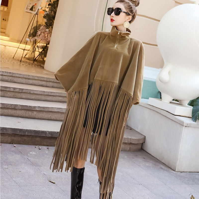 Black  Loose Tassels Turtleneck Poncho