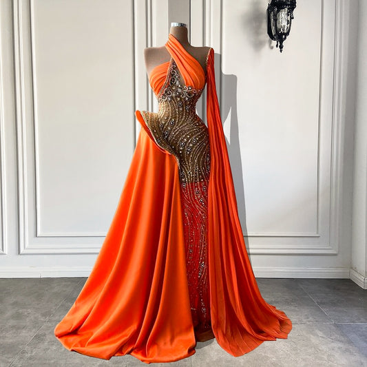 Luxury Beaded Crystal Orange Evening Dresses