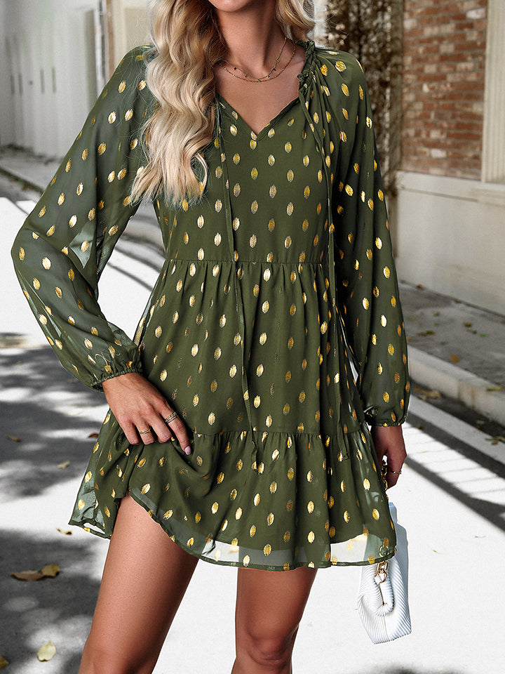 Tie Neck Long Sleeve Polka Dot Dress