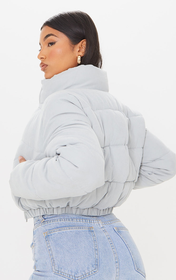 Black Peach Skin Cropped Bubble Puffer Jacket