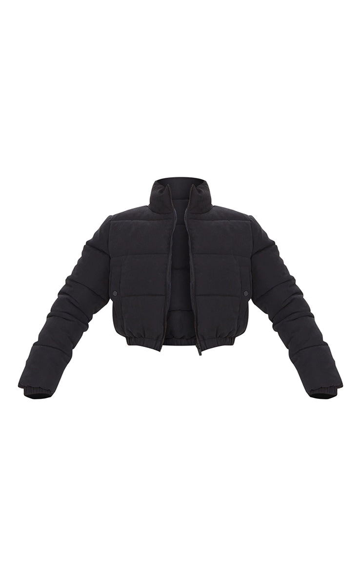 Black Peach Skin Cropped Bubble Puffer Jacket